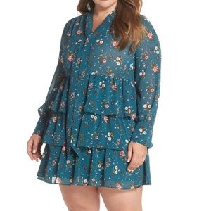 NWT Chelsea28 teal floral tie neck long sleeve mini dress 2X
